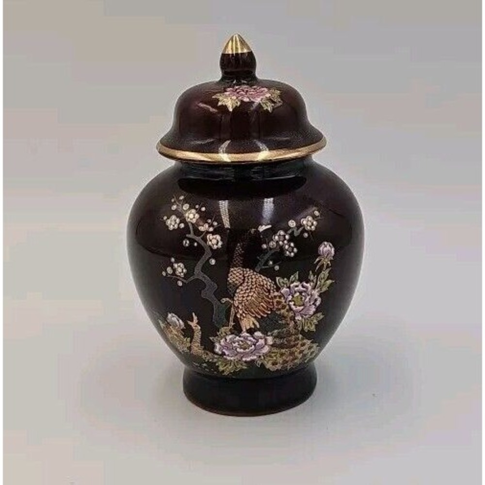 Ginger Jar with Lid Gold Trim Flowers & Peacock Vintage 4.5" Brown Hand Painted